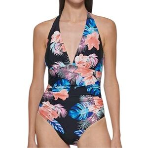 DKNY Floral Halter Neck Swimsuit in Black/Peach/Blue Size L — never worn